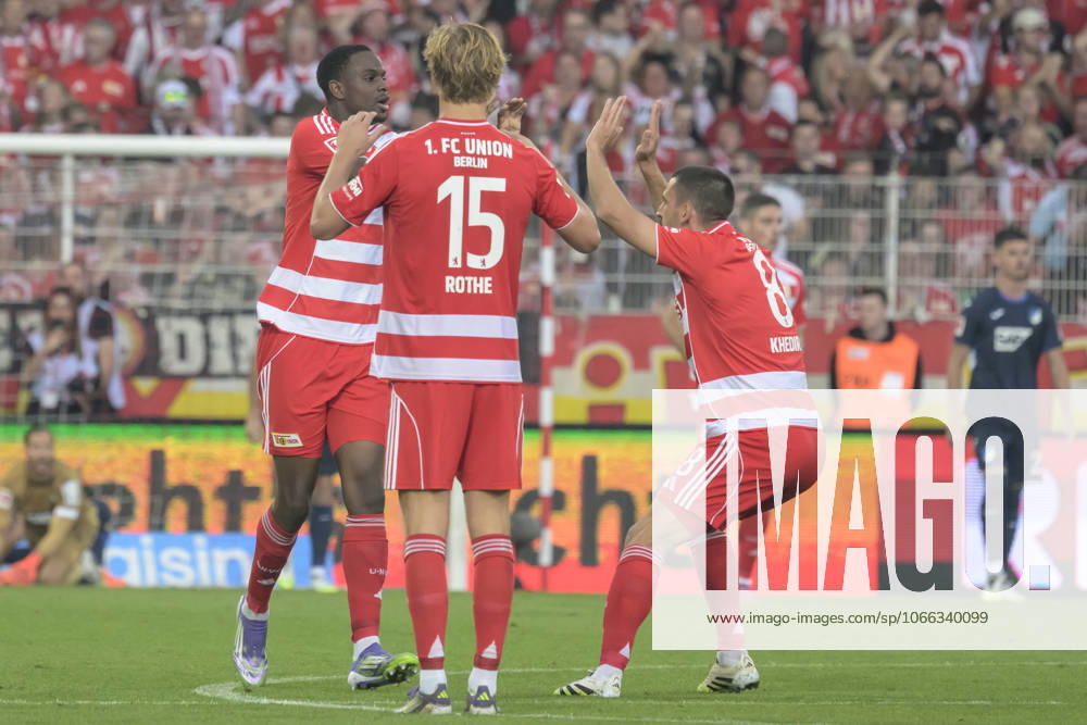 In the picture v l goal, hit, jubilation, goal celebration, joy, enthusiasm, celebrates, after 1 2, Ilyas Ansah 1 FC Union , GER, Berlin, 1 FC Union Berlin vs TSG Hoffenheim, 1 Bundesliga, football, DFB, season 2025 2026, Alte Foersterei, matchday, DFB DFL REGULATIONS PROHIBIT ANY USE OF PHOTOGRAPHS AS IMAGE SEQUENCES AND OR QUASI VIDEO, 13 09 25,