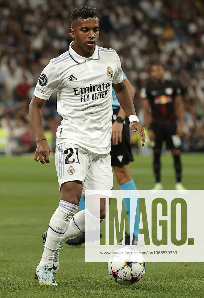 Real Madrid v RB Leipzig - UEFA Champions League MADRID, SPAIN - SEPTEMBER 14: Rodrygo of Real Madrid in action during the UEFA Champions League Group F soccer match between Real Madrid and RB Leipzig at Santiago Bernabeu Stadium in Madrid, Spain on September 14, 2022. Madrid Spain. Editorial use only. Please get in touch for any other usage.