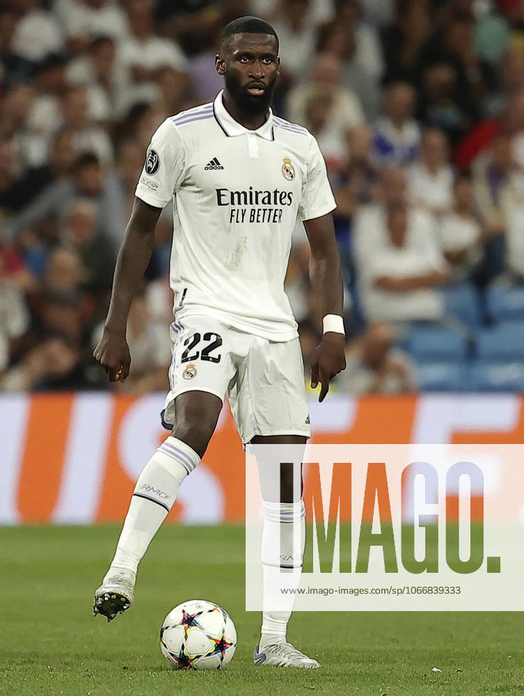 Real Madrid v RB Leipzig - UEFA Champions League MADRID, SPAIN - SEPTEMBER 14: Antonio Rudiger of Real Madrid in action during the UEFA Champions League Group F soccer match between Real Madrid and RB Leipzig at Santiago Bernabeu Stadium in Madrid, Spain on September 14, 2022. Madrid Spain. Editorial use only. Please get in touch for any other usage.