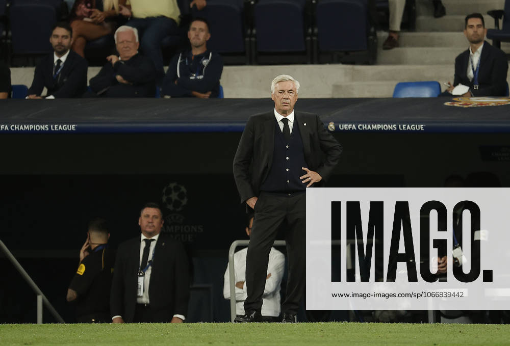 Real Madrid v RB Leipzig - UEFA Champions League MADRID, SPAIN - SEPTEMBER 14: Head coach Carlo Ancelotti of Real Madrid looks on during the UEFA Champions League Group F soccer match between Real Madrid and RB Leipzig at Santiago Bernabeu Stadium in Madrid, Spain on September 14, 2022. Madrid Spain. Editorial use only. Please get in touch for any other usage.