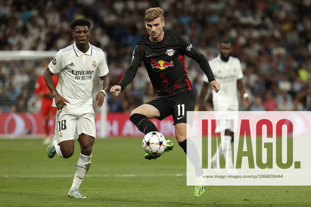 Real Madrid v RB Leipzig - UEFA Champions League MADRID, SPAIN - SEPTEMBER 14: Aurelien Tchouameni (L) of Real Madrid in action against Timo Werner (R) of RB Leipzig during the UEFA Champions League Group F soccer match between Real Madrid and RB Leipzig at Santiago Bernabeu Stadium in Madrid, Spain on September 14, 2022. Madrid Spain. Editorial use only. Please get in touch for any other usage.