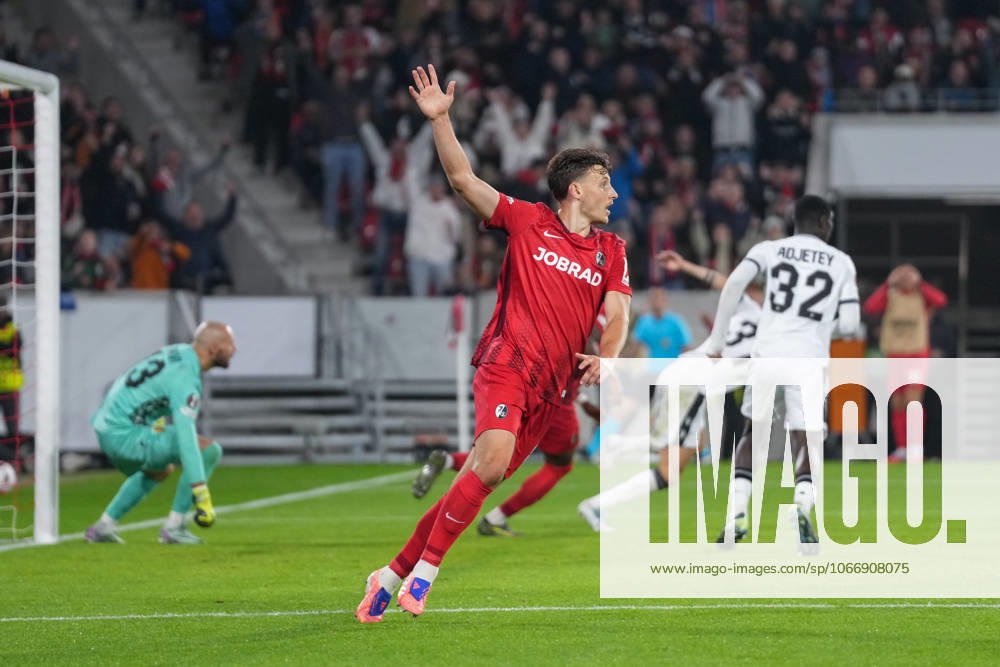Maximilian Eggestein SC Freiburg, 08 goal celebration, emotions, goal shot, goal, goal, goal, Germany, football, UEFA Europa League, 1 matchday, league phase, 2025 2026, SC Freiburg vs FC Basel, 24 09 2025, Europa Park Stadion, Freiburg, Germany Freiburg Europa Park Stadion Baden Württemberg Germany