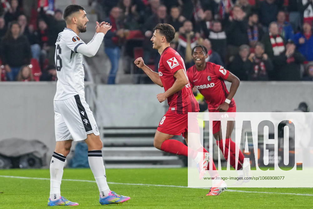 Maximilian Eggestein SC Freiburg, 08 goal celebration, emotions, goal shot, goal, goal, goal, Germany, football, UEFA Europa League, 1 matchday, league phase, 2025 2026, SC Freiburg vs FC Basel, 24 09 2025, Europa Park Stadion, Freiburg, Germany Freiburg Europa Park Stadion Baden Württemberg Germany