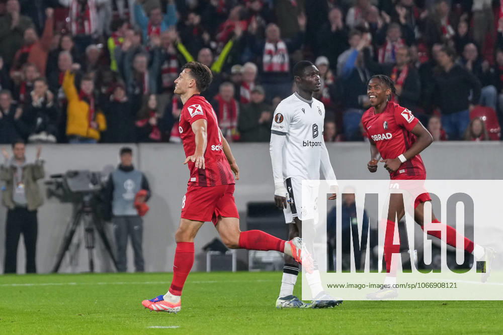 Maximilian Eggestein SC Freiburg, 08 goal celebration, emotions, goal shot, goal, goal, goal, Germany, football, UEFA Europa League, 1 matchday, league phase, 2025 2026, SC Freiburg vs FC Basel, 24 09 2025, Europa Park Stadion, Freiburg, Germany Freiburg Europa Park Stadion Baden Württemberg Germany