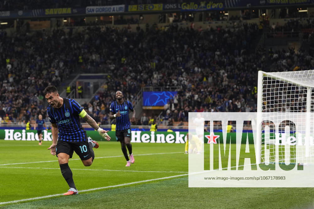 Inter Milans Lautaro Martinez celebrates after scoring the 1-0 goal for his team during the Uefa Champions League soccer match, between Inter and Salvia Prague at the San Siro Stadium in Milan, Italy - League phase Matchday 2 - September 30, 2025. - Soccer
