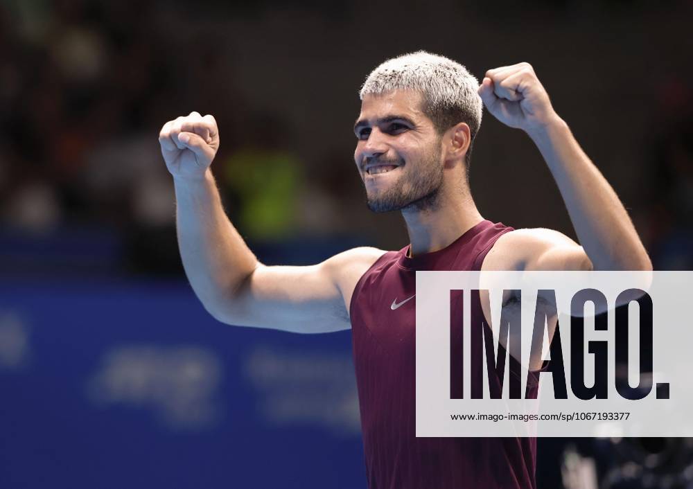 Tennis: Japan Open Carlos Alcaraz of Spain celebrates after beating Taylor Fritz of the United States in the men s singles final at the Japan Open tennis tournament at Ariake Coliseum in Tokyo on Sept. 30, 2025. A14AA0004897120P