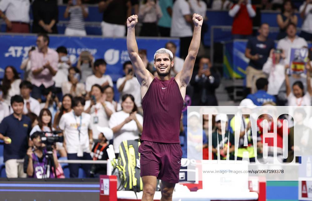 Tennis: Japan Open Carlos Alcaraz of Spain celebrates after beating Taylor Fritz of the United States in the men s singles final at the Japan Open tennis tournament at Ariake Coliseum in Tokyo on Sept. 30, 2025. A14AA0004897121P