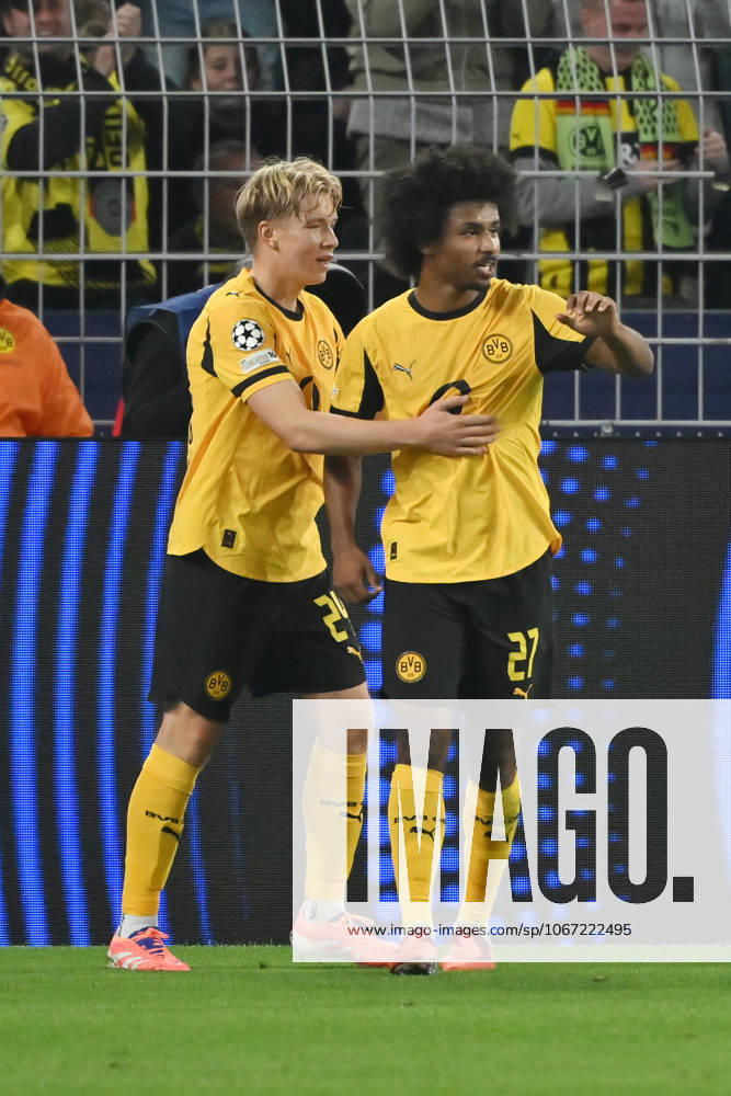 Cheer 1 0 Daniel Svensson Borussia Dortmund , Karim Adeyemi Borussia Dortmund , v li 01 10 2025, Football Champions League 2025 2026, 2 Matchday, Borussia Dortmund Athletic Bilbao UEFA regulations prohibit any use of photographs as image sequences and or quasi video Dortmund Signal Iduna Park Nordrhein Westfalen Germany Team2