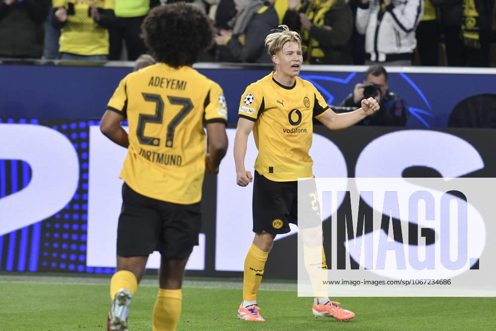 Daniel Svensson Dortmund 24 celebrates after scoring 1 0 01 04 2025 Soccer, Champions League, Borussia Dortmund vs Athletic Club de Bilbao, Signal Iduna Park, Dortmund,