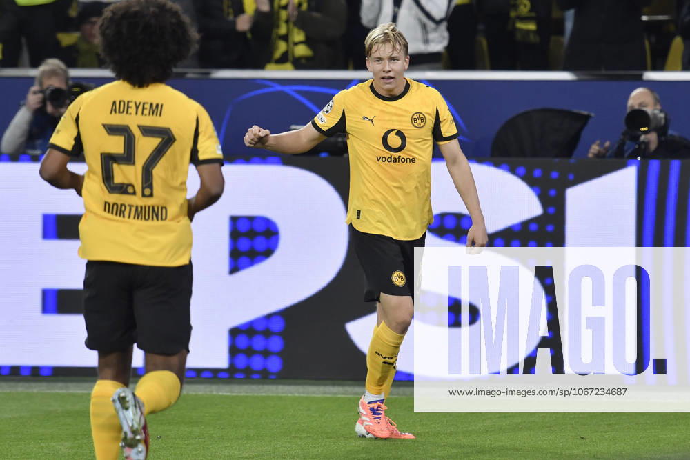 Daniel Svensson Dortmund 24 celebrates after scoring 1 0 01 04 2025 Soccer, Champions League, Borussia Dortmund vs Athletic Club de Bilbao, Signal Iduna Park, Dortmund,