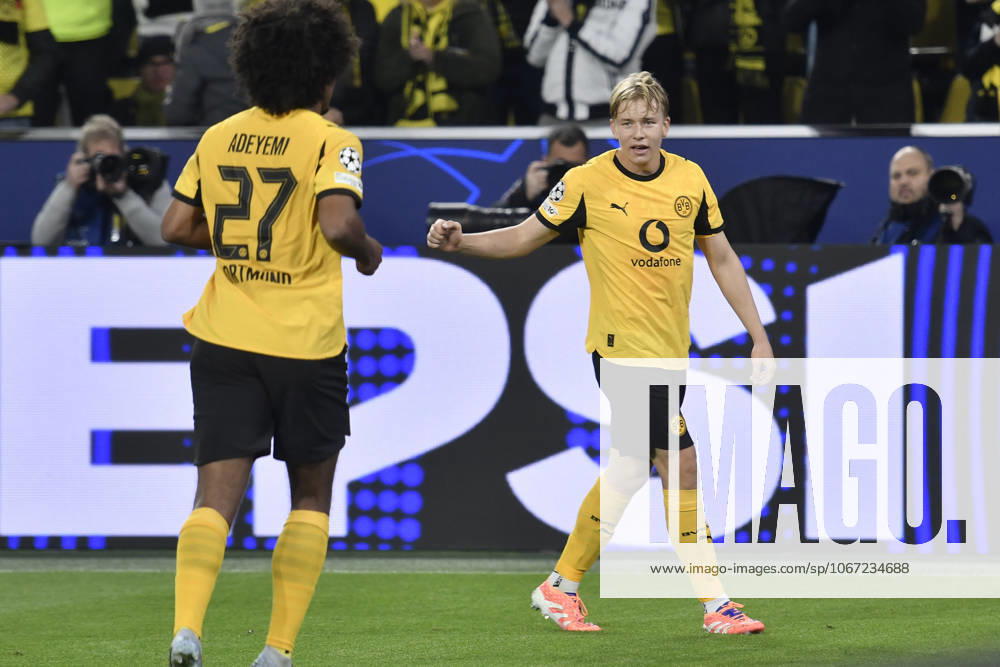 Daniel Svensson Dortmund 24 celebrates after scoring the 1-0 goal with Karim Adeyemi Dortmund 27 01 04 2025 Soccer, Champions League, Borussia Dortmund vs Athletic Club de Bilbao, Signal Iduna Park, Dortmund,