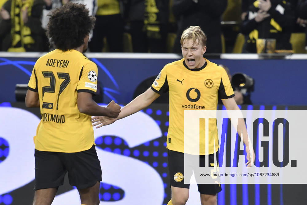 Daniel Svensson Dortmund 24 celebrates after scoring the 1-0 goal with Karim Adeyemi Dortmund 27 01 04 2025 Soccer, Champions League, Borussia Dortmund vs Athletic Club de Bilbao, Signal Iduna Park, Dortmund,