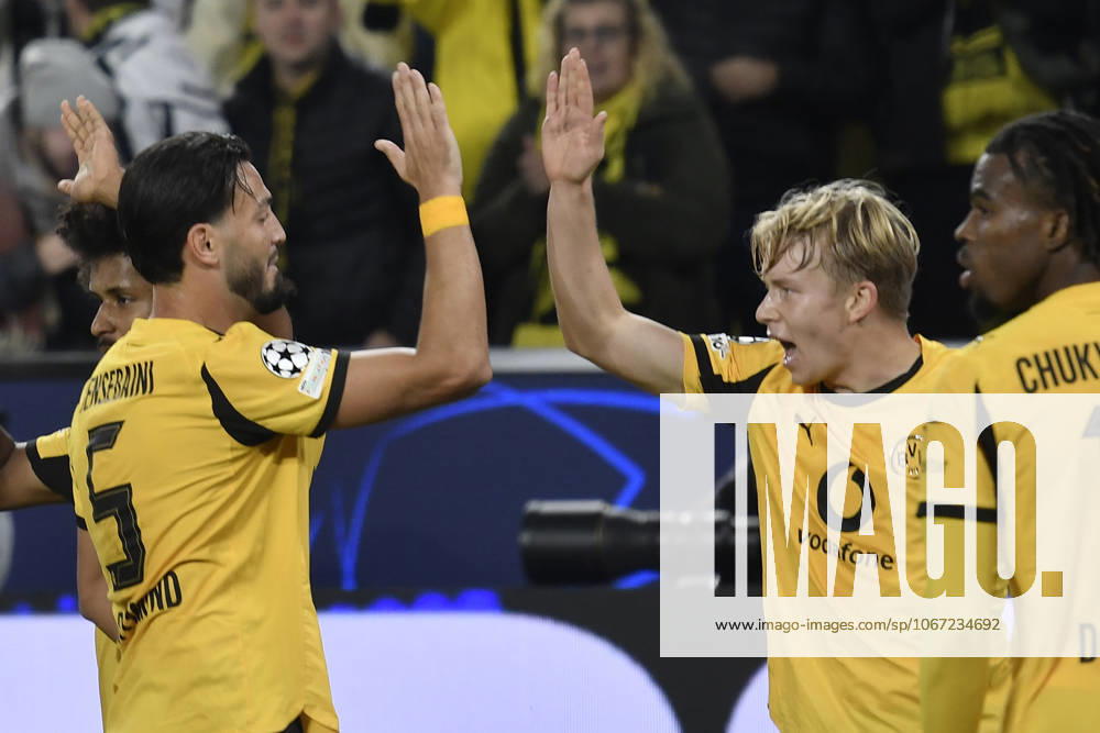 Daniel Svensson Dortmund 24 celebrates after scoring the 1 0 goal with Ramy Bensebaini Dortmund 5 01 04 2025 Soccer, Champions League, Borussia Dortmund vs Athletic Club de Bilbao, Signal Iduna Park, Dortmund,