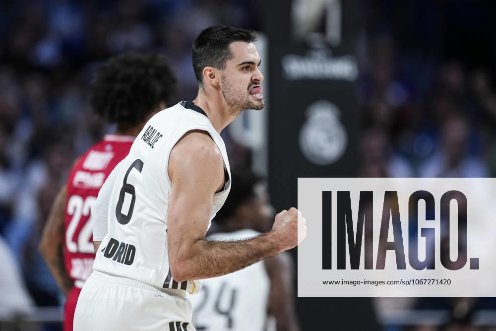 Alberto Abalde of Real Madrid celebrates a basket during the Turkish Airlines Euroleague 2025 26 League Phase MD2, match played between Real Madrid and Olympiacos Piraeus at Madrid Arena on October 02, 2025 in Madrid, Spain. Madrid Spain - ZUMAa181 20251002_zaa_a181_207