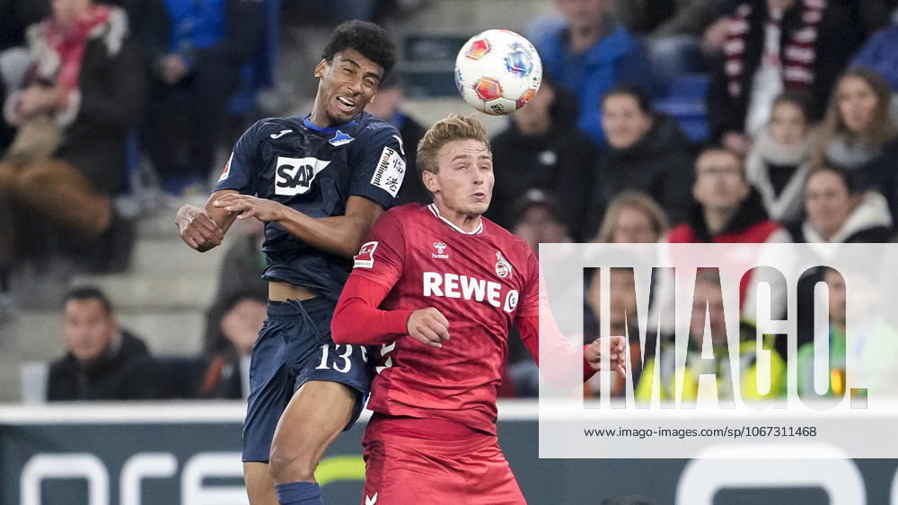 From left Bernardo Fernandes da Silva Junior Hoffenheim, 13 , Sebastian Sebulonsen Cologne, 28 , header, header duel, game scene, duel in the air, action, action, 03 10 2025, Sinsheim Germany , Football, Bundesliga, TSG 1899 Hoffenheim 1 FC Köln, DFB DFL REGULATIONS PROHIBIT ANY USE OF PHOTOGRAPHS AS IMAGE SEQUENCES AND OR QUASI VIDEO