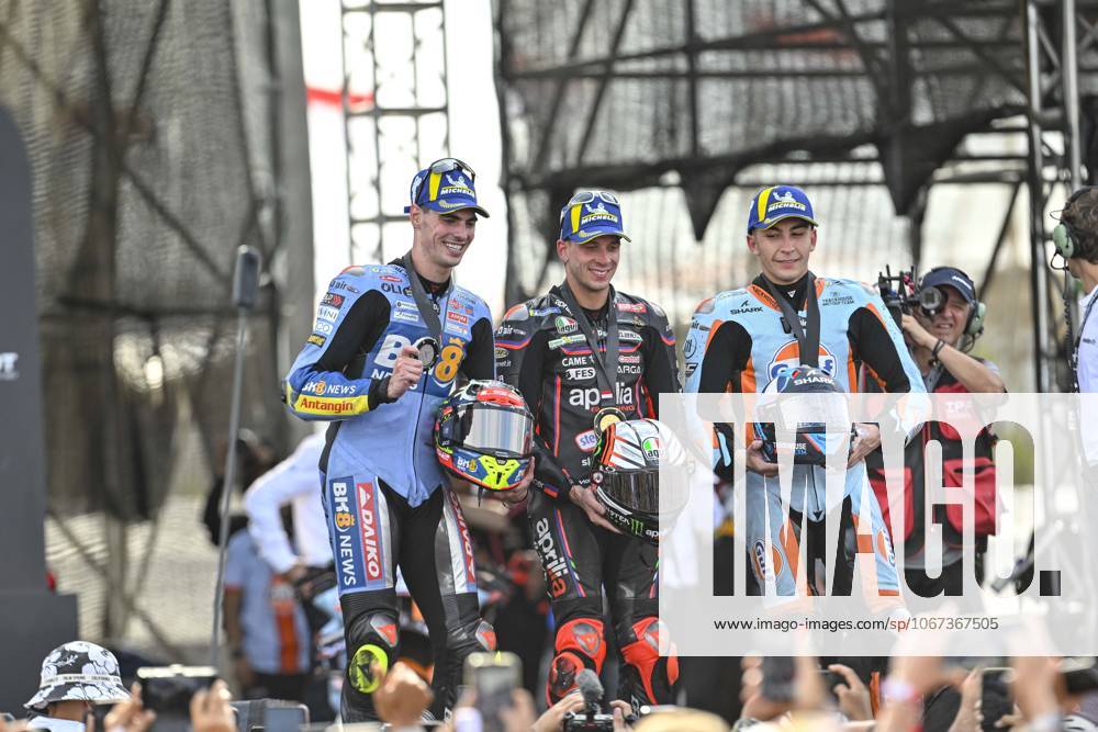 MOTO - MOTO GP - GRAND PRIX OF INDONESIA 2026 BEZECCHI Marco (ita), Aprilia Racing Team Gresini, Aprilia RS-GP 2025, podium, portrait of the Sprint Race with ALDEGUER Fermin (spa), Gresini Racing MotoGP, Ducati Desmosedici GP24 and FERNANDEZ Raul (spa), Trackhouse Racing, Aprilia RS-GP 2024 during the 2025 MotoGP Pertamina Grand Prix of Indonesia on the Mandalika circuit from October 3 to 5, At West Nusa Tenggara, Indonesia - West Nusa TenggaraIndonesia
