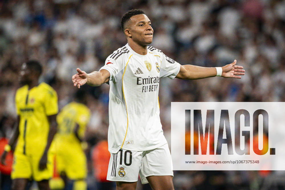 REAL MADRID CF v VILLARREAL CF. LA LIGA 2025 2026. ROUND 8. Real Madrid CFs Kylian Mbappe celebrates goal during La Liga match. October 4, 2025. (ALTERPHOTOS Toni Garrido) MadridSpain