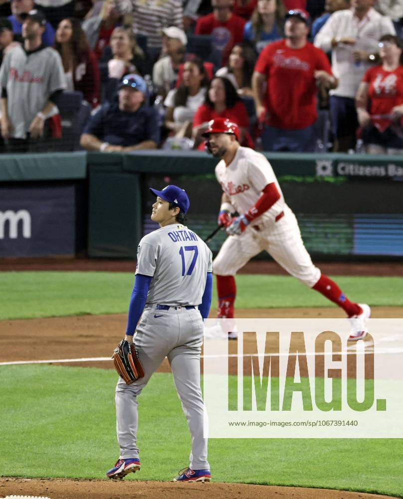 Baseball: Division Series between Dodgers and Phillies Philadelphia Phillies slugger Kyle Schwarber flies out against Los Angeles Dodgers two-way player Shohei Ohtani in the first inning of Game 1 of the Division Series at Citizens Bank Park in Philadelphia on Oct. 4, 2025. A14AA0004911441P