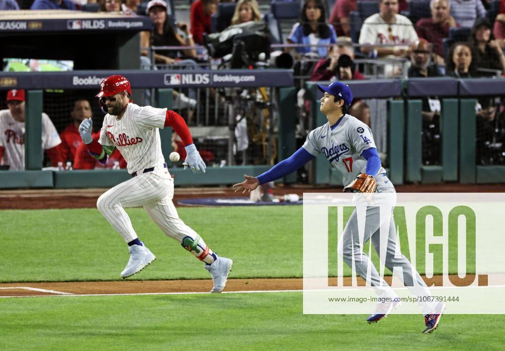 Baseball: Division Series between Dodgers and Phillies Philadelphia Phillies first baseman Bryce Harper grounds out against Los Angeles Dodgers two-way player Shohei Ohtani in the first inning of Game 1 of the Division Series at Citizens Bank Park in Philadelphia on Oct. 4, 2025. A14AA0004911442P