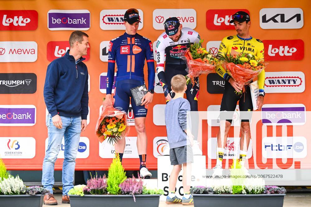 Binche Chimay Binche 2025 Cycling Race BINCHE, BELGIUM - OCTOBER 07 : Meeus Jordi (BEL) of Red Bull BORA - Hansgrohe, Eekhoff Nils Out (NED) of Team Picnic PostNL and Laporte Christophe (BEL) of Team Visma - Lease a Bike on the podium during the 37th edition of Binche Chimay Binche an UCI Class 1.1 one day cycling road race for Men Elite of 203.2 km with start in Binche and finish in Binche on October 7, 2025 in Binche, Belgium, 07 10 2025 ( Motordriver Stephan Boone - Binche Belgium