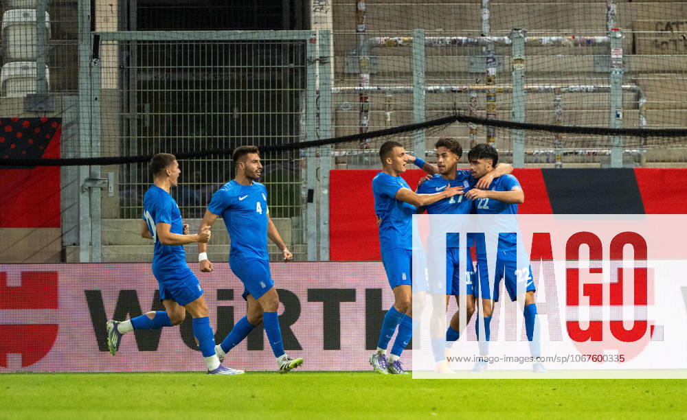 Soccer, Youth, Season 2025 26, U21, European Championship Qualification Group F 4 Matchday in Jena Germany Greece, f l Dimitrios Kaloskamis U21, Greece , Alexios Kalogeropoulos U21, Greece , Christos Alexiou U21, Greece , Charalampos Kostoulas U21, Greece , Konstantinos Kostoulas U21, Greece, cheering after scoring 0 1, 10 10 2025,