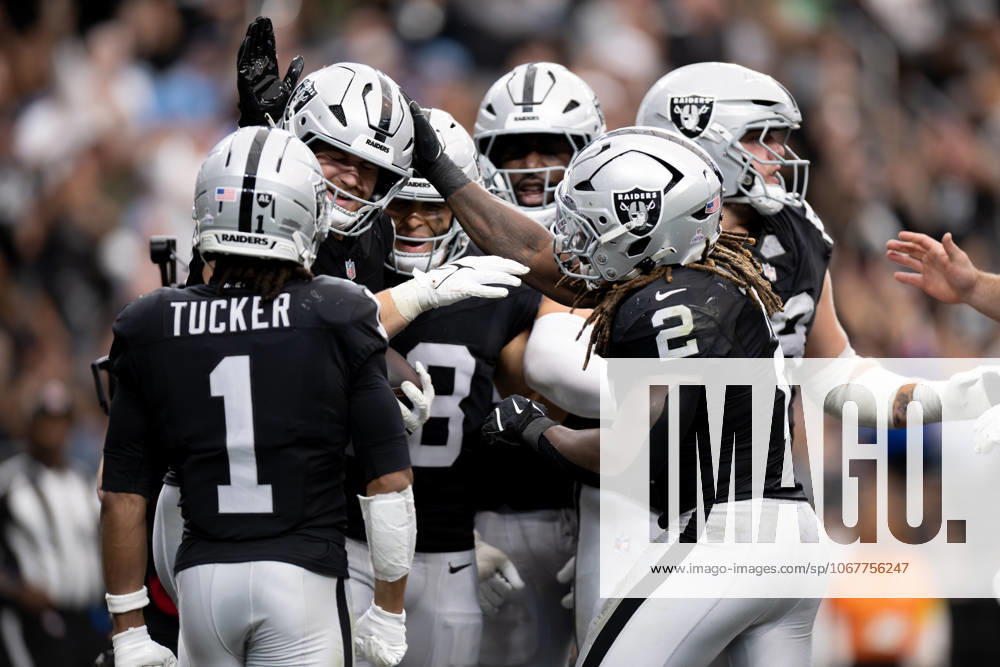 Las Vegas Raiders celebrates as they score a touch down secured by 87 MICHAEL MAYER (TE) during 2025 NFL, American Football Herren, USA Season week 6 at the Allegiant Stadium in Las Vegas. Las Vegas USA - ZUMAo117 20251012_zsp_o117_020