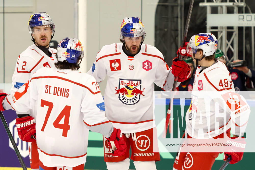 Ice hockey, Eishockey - CHL, EC RBS vs Berlin SALZBURG,AUSTRIA,15.OCT.25 - ICE HOCKEY - CHL, Champions Hockey League, group stage, EC Red Bull Salzburg vs Eisbaeren Berlin. Image shows the rejoicing of Tyler Lewington and Connor Corcoran (EC RBS). GEPAxpictures xMathiasxMandl