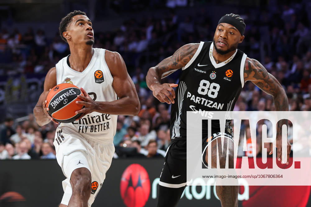 Theo Maledon of Real Madrid and Tyrique Jones of Partizan in action during the EuroLeague Regular Season Round 4 match between Real Madrid and Partizan Mozzart Bet Belgrade at Movistar Arena on October 15, 2025 in Madrid, Spain. Madrid SPAIN - ZUMAa181 20251015_zaa_a181_057