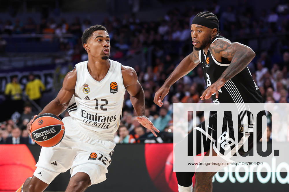 Theo Maledon of Real Madrid and Tyrique Jones of Partizan in action during the EuroLeague Regular Season Round 4 match between Real Madrid and Partizan Mozzart Bet Belgrade at Movistar Arena on October 15, 2025 in Madrid, Spain. Madrid SPAIN - ZUMAa181 20251015_zaa_a181_061