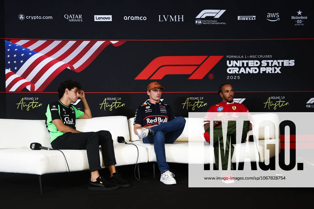 F1 - UNITED STATES GRAND PRIX 2025 BORTOLETO Gabriel (bra), Stake F1 Team Kick C45, portrait, VERSTAPPEN Max (ned), Red Bull Racing RB21, portrait and HAMILTON Lewis (gbr), Scuderia Ferrari SF-25, portrait press conference, PK, Pressekonferenz during the 2025 Formula 1 United States Grand Prix, 19th round of the 2025 FIA Formula One World Championship, WM, Weltmeisterschaft from October 17 to 19, 2025 on the Circuit of the Americas, in Austin, Texas, United States of America - AustinUnited States