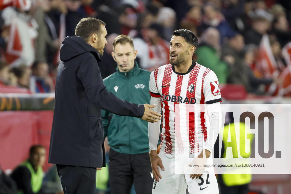Julian Schuster SC Freiburg, coach and Vincenzo Grifo SC Freiburg, 32 in dialog , Germany, UEFA Europa League, Matchday 3, 2025 2026, SC Freiburg vs FC Utrecht, 23 10 2025, Stadion am Wolfswinkel, Freiburg, Germany Freiburg Stadion am Wolfswinkel Baden Württemberg Germany