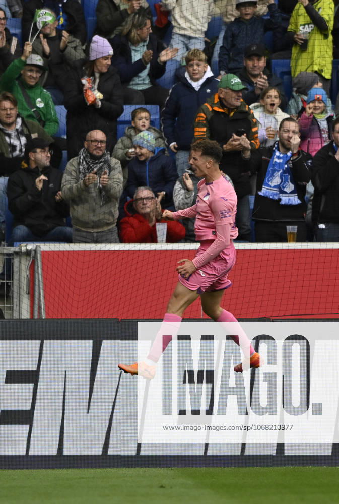 GOAL for 1 0 Fisnik Asllani TSG 1899 Hoffenheim 11 goal celebration Pink violet jersey special jersey campaign TOGETHER AGAINST BREAST CANCER TSG 1899 Hoffenheim in the background perimeter advertising logo TSG 1899 Hoffenheim vs 1 FC Heidenheim 1846 FCH 25 10 2025 DFL REGULATIONS PROHIBIT ANY USE OF PHOTOGRAPHS AS IMAGE SEQUENCES AND OR QUASI VIDEO TSG 1899 Hoffenheim vs 1 FC Heidenheim 1846 FCH