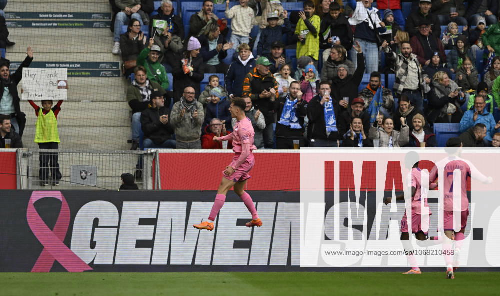 GOAL for 1 0 Fisnik Asllani TSG 1899 Hoffenheim 11 goal celebration Pink violet jersey special jersey campaign TOGETHER AGAINST BREAST CANCER TSG 1899 Hoffenheim in the background perimeter advertising logo Leon Avdullahu TSG 1899 Hoffenheim 07 Bazoumana Toure TSG Hoffenheim TSG 1899 Hoffenheim vs 1 FC Heidenheim 1846 FCH 25 10 2025 DFL REGULATIONS PROHIBIT ANY USE OF PHOTOGRAPHS AS IMAGE SEQUENCES AND OR QUASI VIDEO TSG 1899 Hoffenheim vs 1 FC Heidenheim 1846 FCH