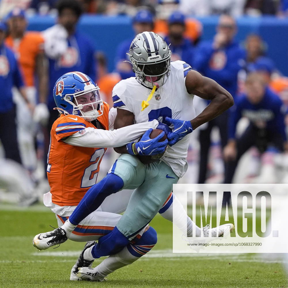 Dallas Cowboys wide receiver George Pickens (3) is tackled by Denver Broncos cornerback Riley Moss (21) after making a reception in the first half of the football game between the Denver Broncos and Dallas Cowboys. CSM. - ZUMAc04_ 20251026_zma_c04_200