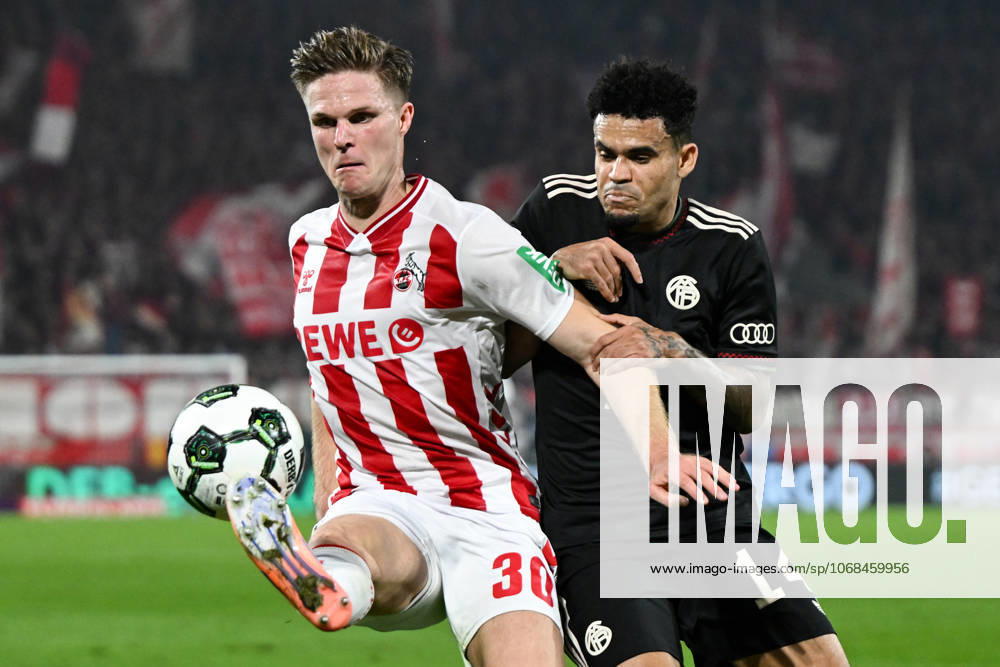 Marius Bülter 1 FC Köln, 30 in duel with Luis Diaz FC Bayern München, 14 , GER, 1 FC Köln vs FC Bayern München, Football, DFB Pokal, 2 Runde, Saison 2025 2026, 29 10 2025 DFB regulations prohibit any use of photographs as image sequences and or quasi video GER, 1 FC Köln vs FC Bayern München, Football, DFB Pokal, 2 Runde, Saison 2025 2026, 29 10 2025 Köln