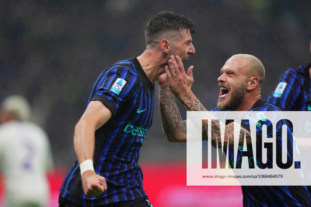 Inter MilanÕs Petar Sucic celebrates after scoring 2-0 during the Serie A soccer match between Inter and Fiorentina at the San Siro Stadium in Milan , north Italy - Wednesday , October 29 , 2025. - Soccer .