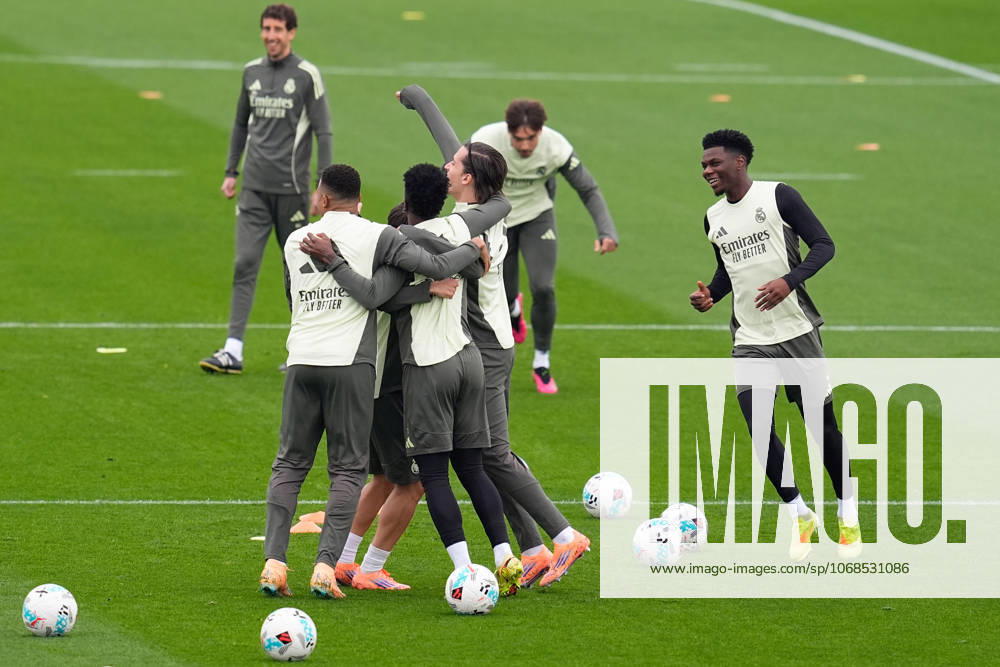 Brahim Diaz, Aurelien Tchouameni, Alvaro Carreras, Vinicius Junior and Kylian Mbappe celebrate during the training day of Real Madrid ahead the Spanish League, LaLiga EA Sports, football match against Valencia CF at Ciudad Deportiva Real Madrid on October 31, 2025, in Valdebebas, Madrid, Spain. Valdebebas Spain - ZUMAa181 20251031_zaa_a181_031