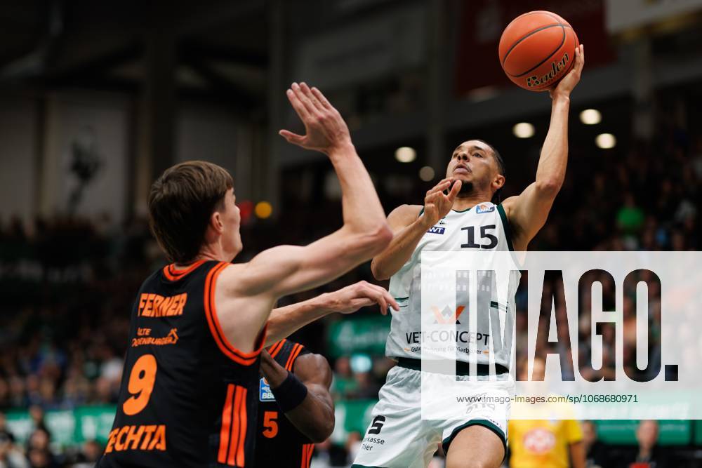 Jordan Roland Gladiators Trier in duel with Joschka Ferner Rasta Vechta , Vet Concept Gladiators Trier vs Rasta Vechta, Basketball, easyCredit BBL, Matchday 6, Season 2025 2026, 02 11 2025 Vet Concept Gladiators Trier vs Rasta Vechta, Basketball, easyCredit BBL, Matchday 6, Season 2025 2026