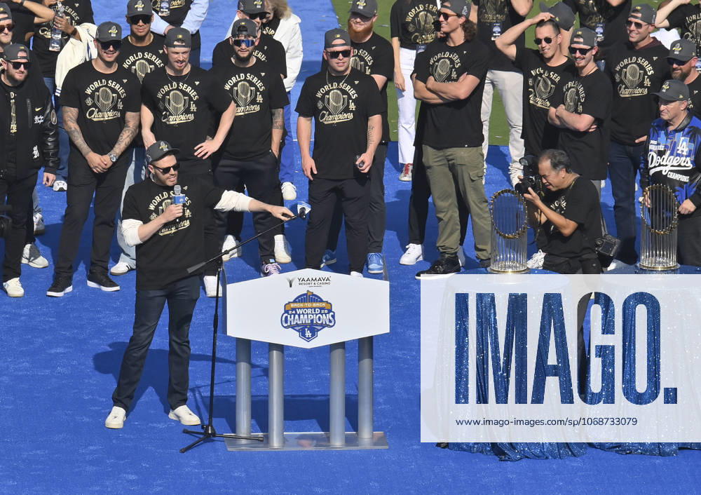 Los Angeles Dodgers first baseman Freddie Freeman (L) celebrates their World Series win with teammates following a parade at Dodger Stadium in Los Angeles on Monday, November 3, 2025. LAP2025110314 JIMxRUYMEN