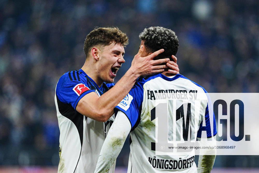 Goal celebration Nicolai Remberg Hamburger SV, 21 and Ransford Yeboah Koenigsdoerffer Hamburger SV, 11 after goal to 1 1 Ransford Yeboah Koenigsdoerffer Hamburger SV, 11 GER, Hamburger SV vs Borussia Dortmund, Football, 1 Bundesliga, Matchday 10, Season 2025 2026, 08 11 2025 DFL REGULATIONS PROHIBIT ANY USE OF PHOTOGRAPHS AS IMAGE SEQUENCES AND OR QUASI VIDEO GER, Hamburger SV vs Borussia Dortmund, Football, 1 Bundesliga, Matchday 10, Season 2025 2026, 08 11 2025 Hamburg