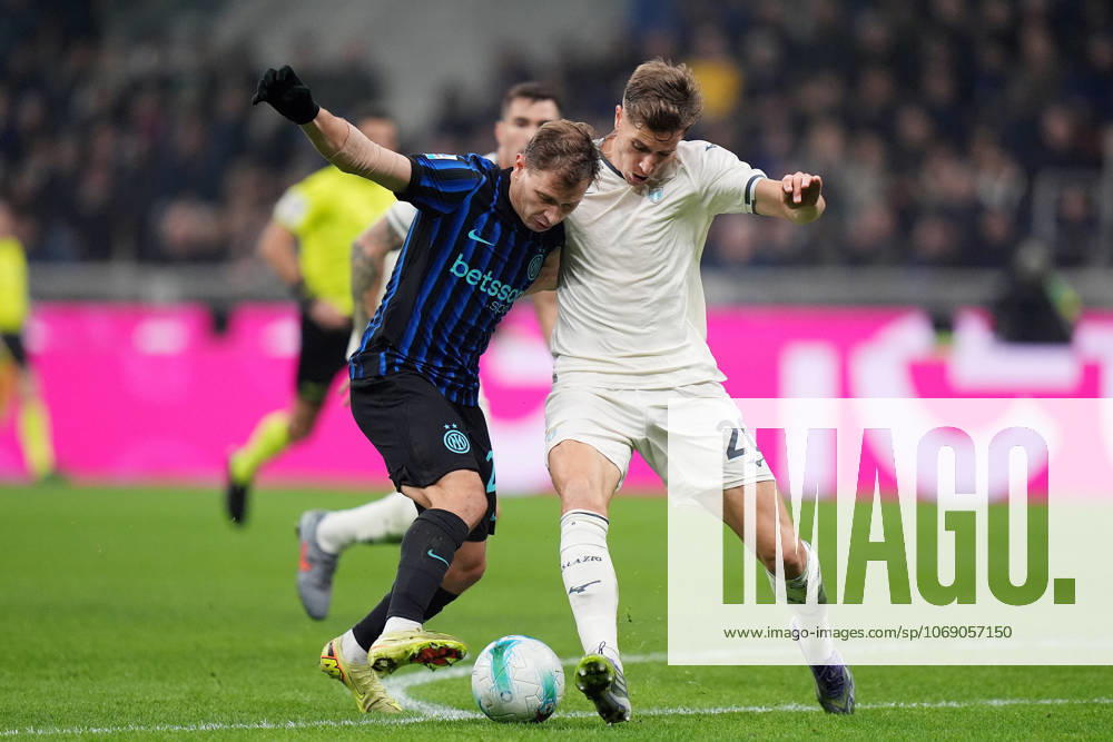 Inter MilanÕs Nicolo Barella fights for the ball with Lazio s Toma Basic during the Serie A soccer match between Inter and Lazio at the San Siro Stadium in Milan , north Italy - Sunday , November 09 , 2025. - Soccer .