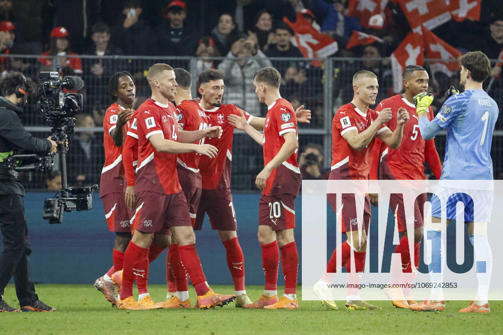 Goal celebration Switzerland at 4 1 by Johan Manzambi Switzerland, 09 , Switzerland, FIFA, World Cup Qualification Europe, Group B , Switzerland vs Sweden, 15 11 2025, Stade de Geneve, Geneva, Switzerland Geneva Stade de Geneve Canton Geneva Switzerland
