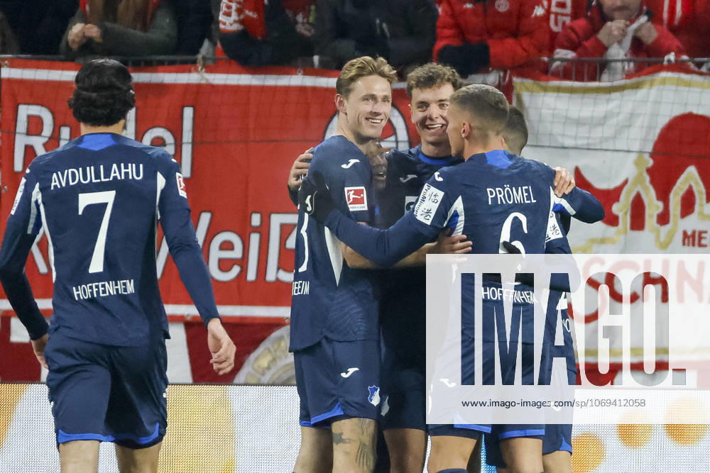 Goal celebration TSG Hoffenheim at 0 1 by Fisnik Asllani TSG Hoffenheim, 11 , Germany, Football, 1 Bundesliga, 11 Matchday, 2025 2026, 1 FSV Mainz vs TSG 1899 Hoffenheim, 21 11 2025, Mewa Arena, Mainz, Germany Mainz Mewa Arena Rheinland Pfalz Germany