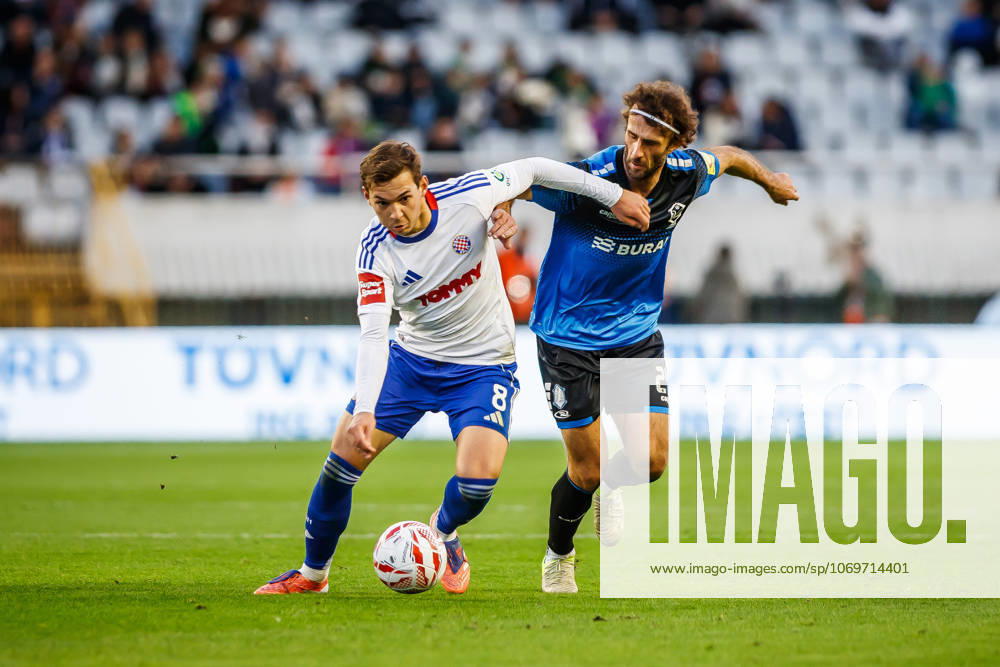 SuperSport HNL, round 15: HNK Hajduk Split v NK Varazdin Niko Kristian Sigur of HNK Hajduk Split and Mario Marina of NK Varazdin during the SuperSport HNL 2025. 2026. round 15 match between HNK Hajduk Split and NK Varazdin at Poljud Stadium in Split, Croatia on November 29, 2025. ZvonimirxBarisin PIXSELL