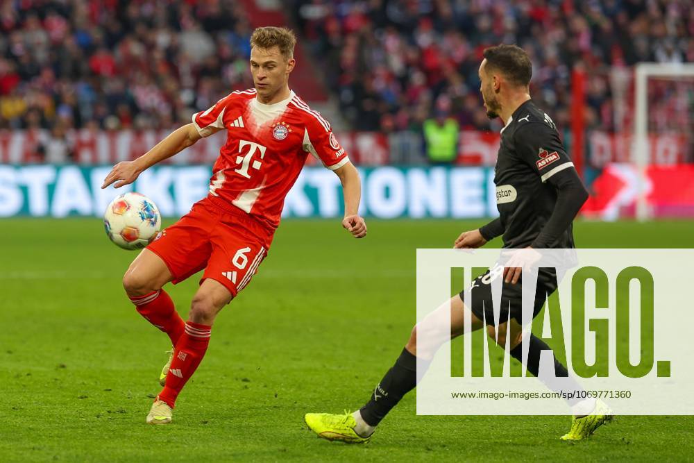 In duel, action, with Joshua Kimmich 6 FC Bayern Muenchen , Mathias Pereira situation 28 FC St Pauli , FC Bayern Muenchen vs FC St Pauli, Football, 1 Bundesliga, 12 Matchday, 29 11 2025 DFB regulations prohibit any use of photographs as image sequences and or quasi video Muenchen Bayern Germany