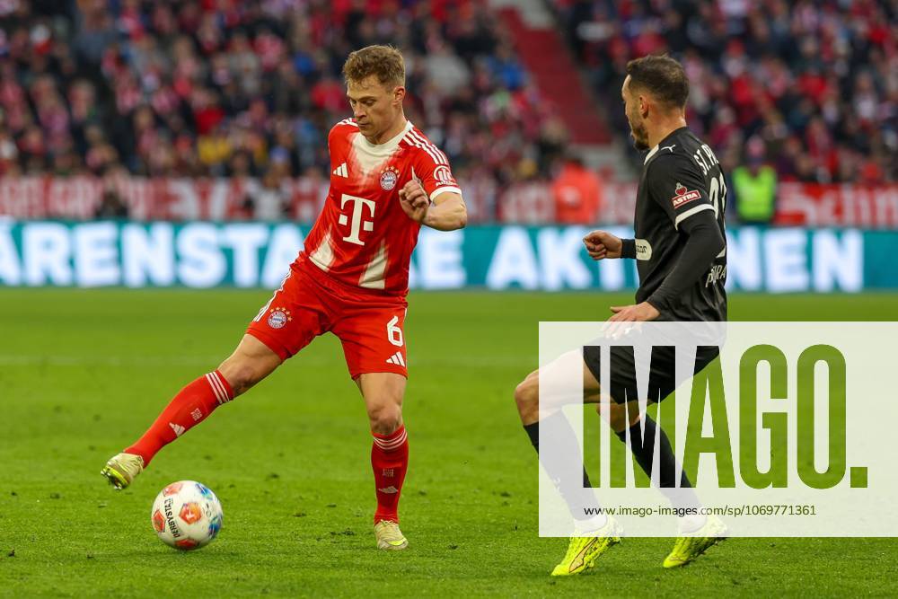 In duel, action, with Joshua Kimmich 6 FC Bayern Muenchen , Mathias Pereira situation 28 FC St Pauli , FC Bayern Muenchen vs FC St Pauli, Football, 1 Bundesliga, 12 Matchday, 29 11 2025 DFB regulations prohibit any use of photographs as image sequences and or quasi video Muenchen Bayern Germany
