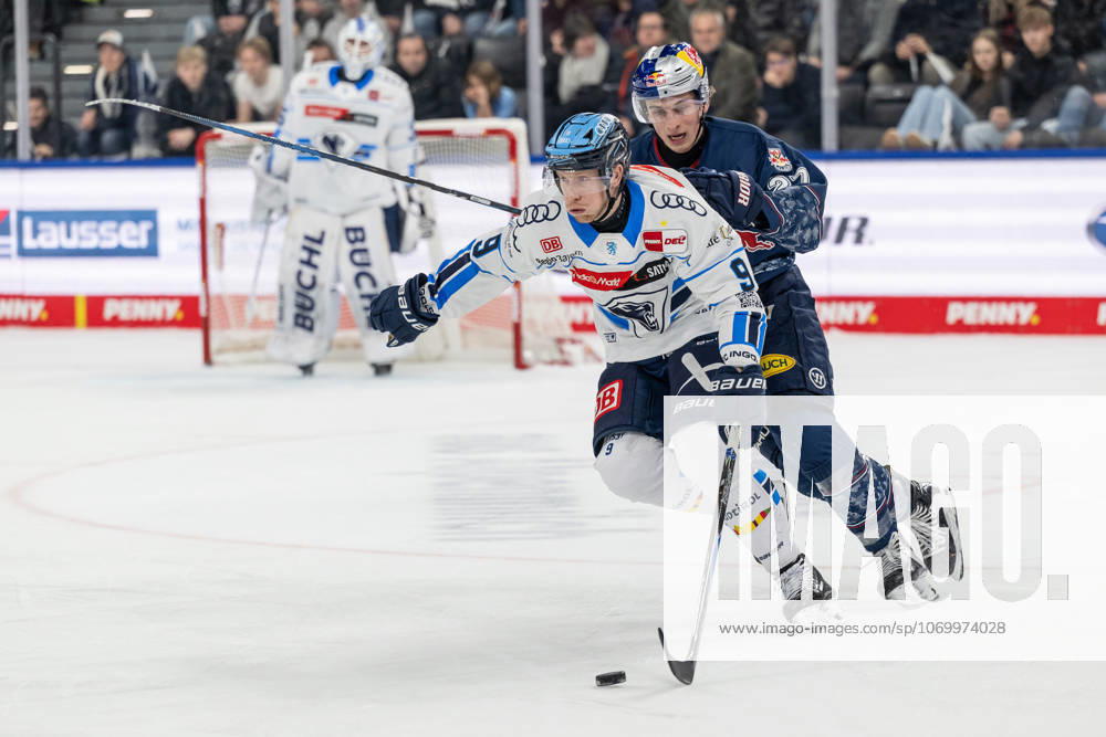 Battle for the puck duel between Myles Powell ERC Ingolstadt, 9 and Veit Oswald EHC Red Bull Muenchen, 27 GER, EHC Red Bull Muenchen vs ERC Ingolstadt, Ice Hockey, DEL, 25 Matchday, Season 2025 2026, 05 12 2025 GER, EHC Red Bull Muenchen vs ERC Ingolstadt, Ice Hockey, DEL, 25 Matchday, Season 2025 2026, 05 12 2025 Muenchen