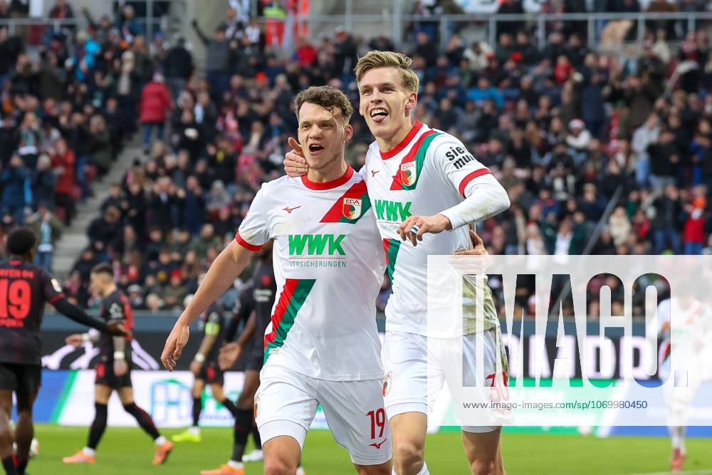 Goal celebration by Robin Fellhauer 19 FC Augsburg , Anton Kade 30 FC Augsburg to 2 0, FC Augsburg vs Bayer 04 Leverkusen, Soccer, 1 Bundesliga, 13 Matchday, 06 12 2025 DFB regulations prohibit any use of photographs as image sequences and or quasi video Augsburg Bayern Germany