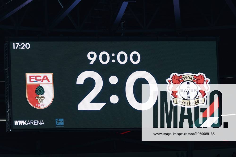 Final score on the scoreboard 2 0, FC Augsburg vs Bayer 04 Leverkusen, Football, 1 Bundesliga, 13 Matchday, 06 12 2025 DFB regulations prohibit any use of photographs as image sequences and or quasi video Augsburg Bayern Germany