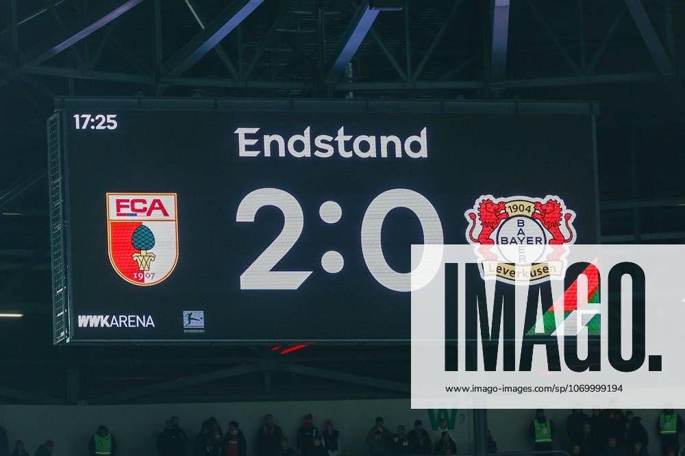 Final score on the scoreboard 2 0, FC Augsburg vs Bayer 04 Leverkusen, Football, 1 Bundesliga, 13 Matchday, 06 12 2025 DFB regulations prohibit any use of photographs as image sequences and or quasi video Augsburg Bayern Germany